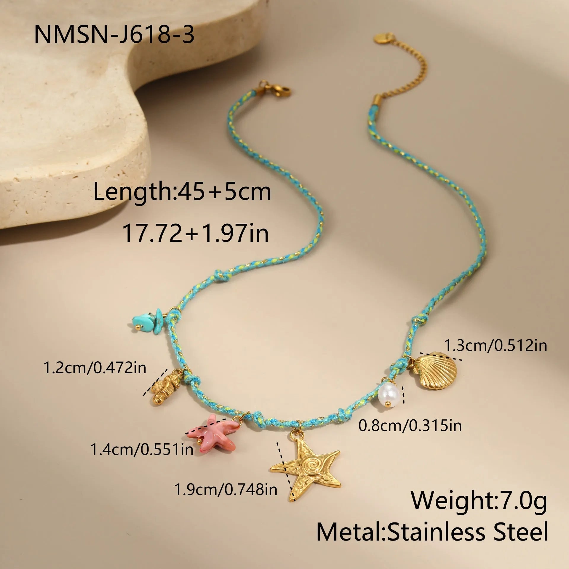 Handmade purple, pink, or blue braided rope and steel necklace or bracelet with heart, star, or geometric pendant.