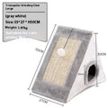 A grey and white triangular cat toy with a sisal scratching side and a soft plush bed.