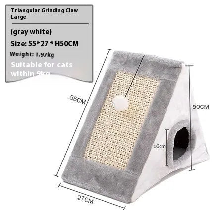 A grey and white triangular cat toy with a sisal scratching side and a soft plush bed.