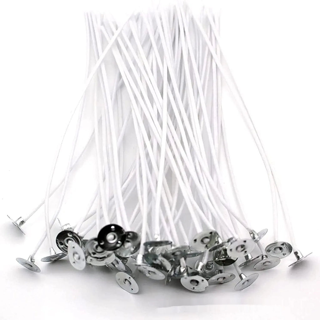 White cotton candle wicks in three lengths - 2.6cm, 6cm, and 8cm - for DIY candle making projects
