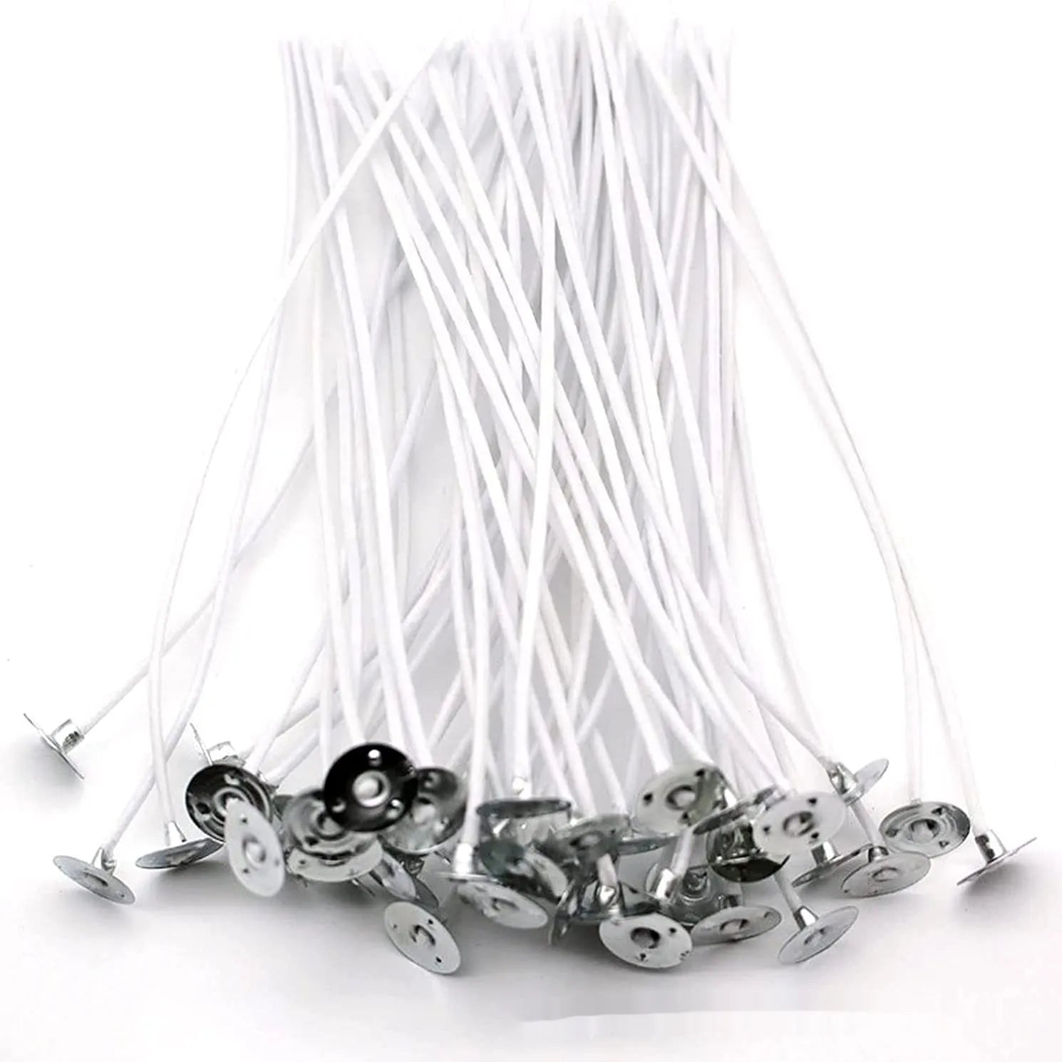White cotton candle wicks in three lengths - 2.6cm, 6cm, and 8cm - for DIY candle making projects