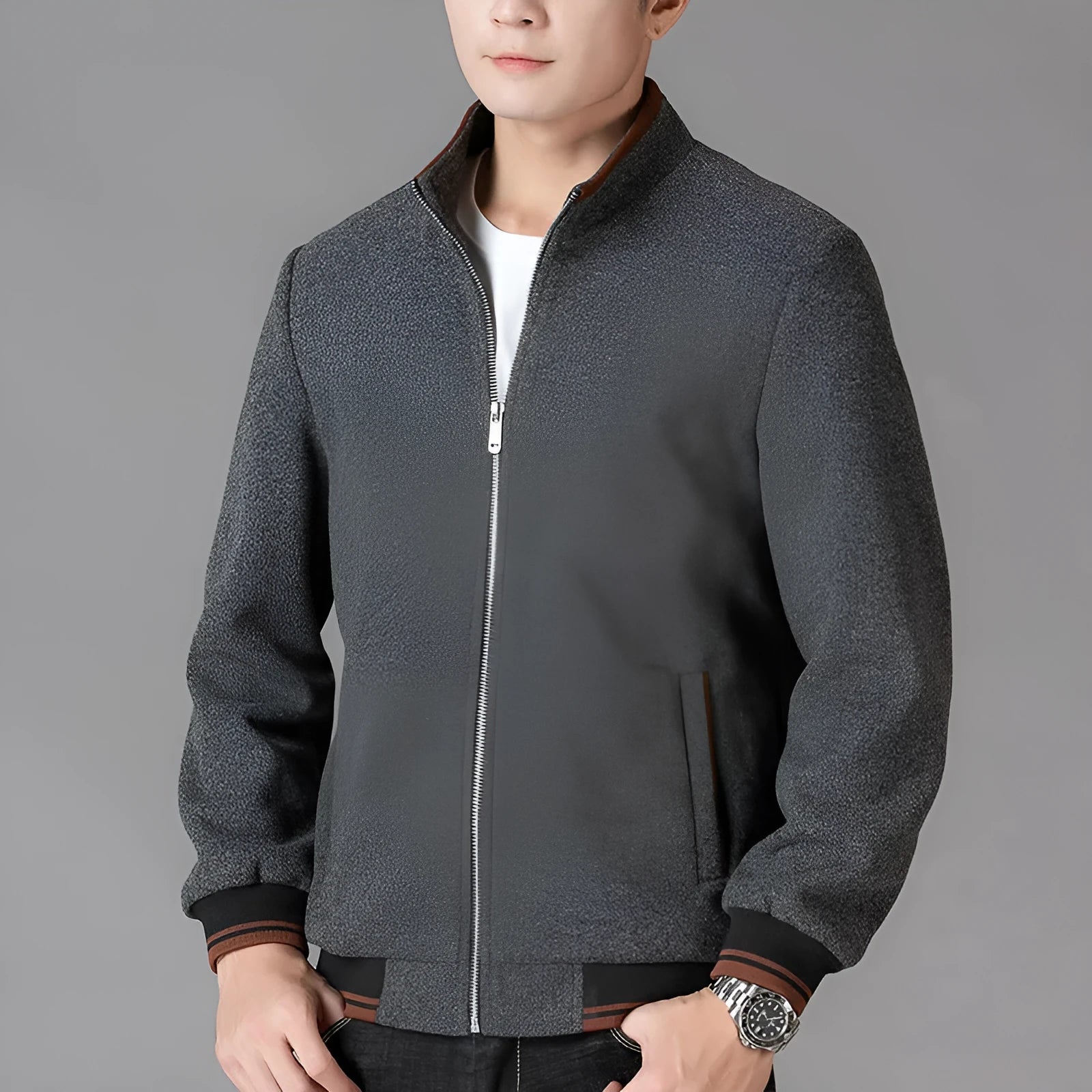 Men's grey fleece jacket with stick pocket and long sleeves for autumn casual wear