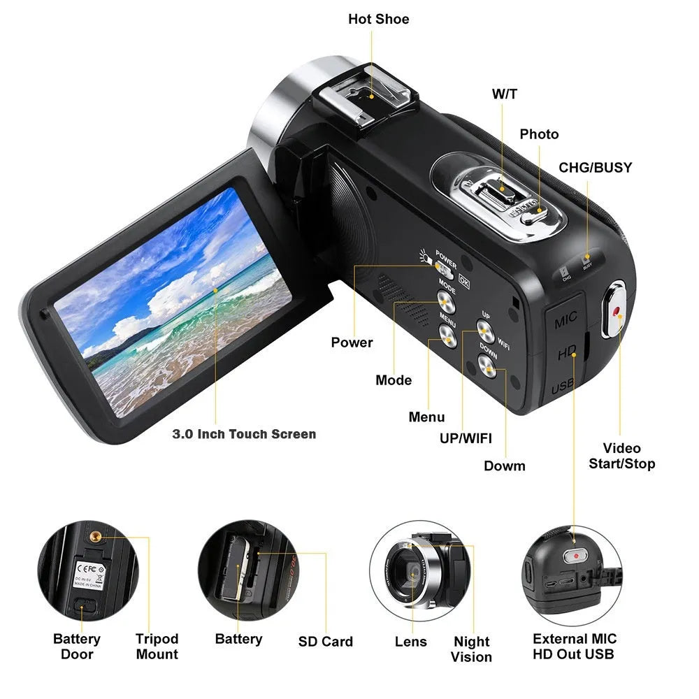 DV06S 27K HD digital video camera in black with lens cover and remote
