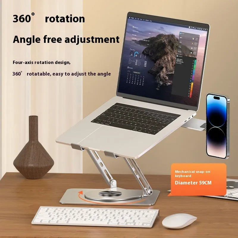 Silver carbon steel laptop stand with side-mounted magnetic phone holder rotated for viewing