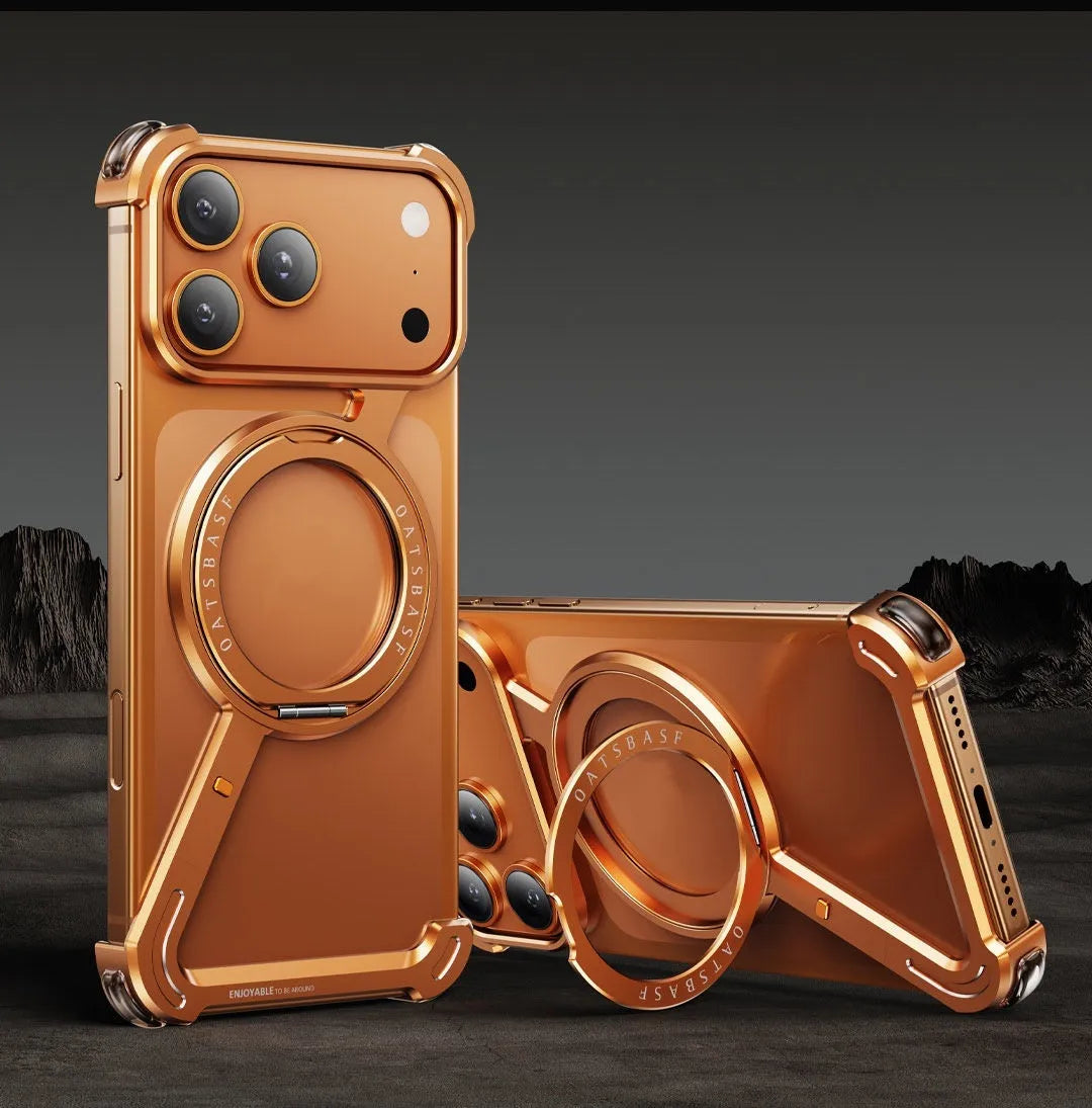 Black electroplated metal iPhone 17 Pro Max case with magnetic bracket visible on back