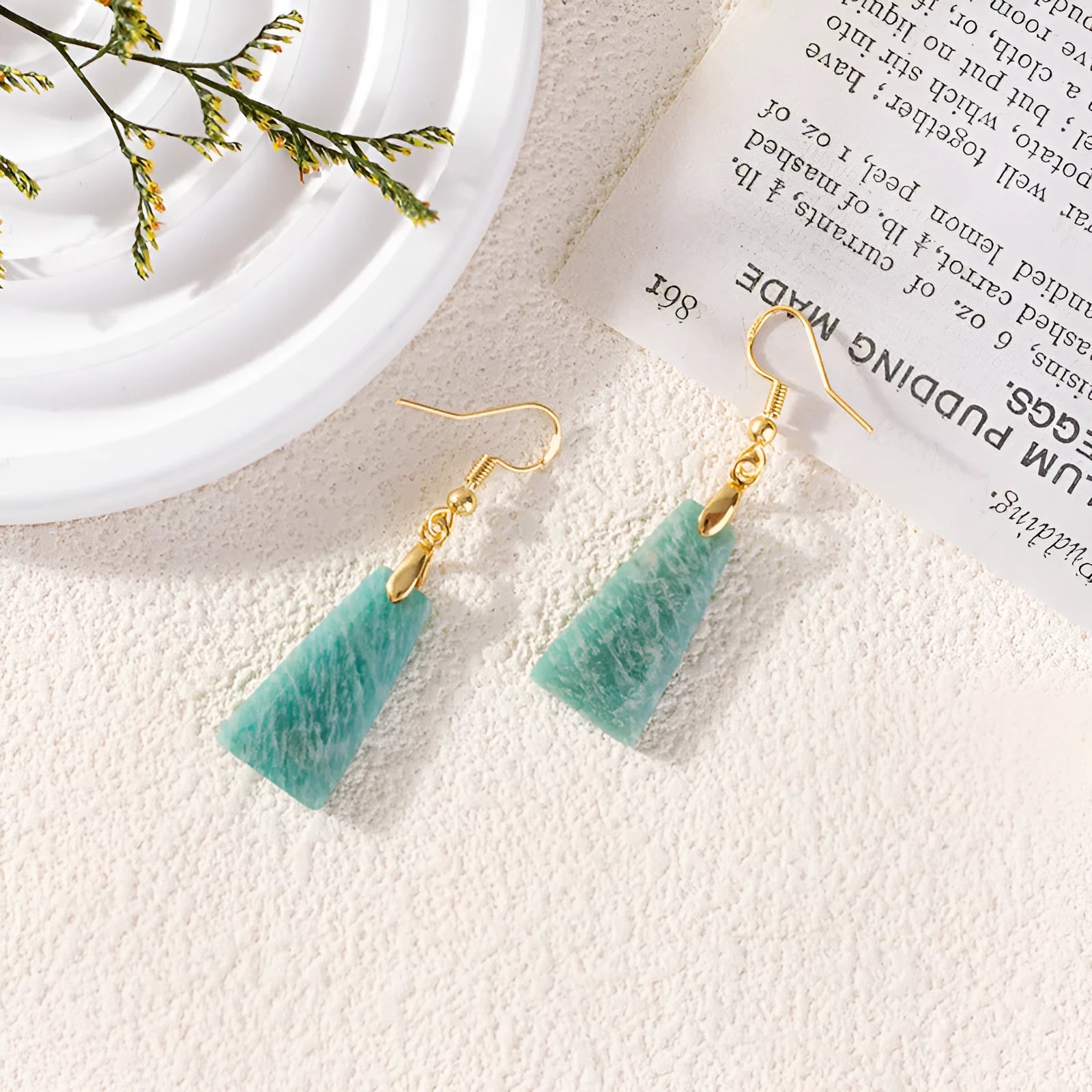 Amazonite rough stone trapezoid earrings with octagon detailing in gold or silver finish