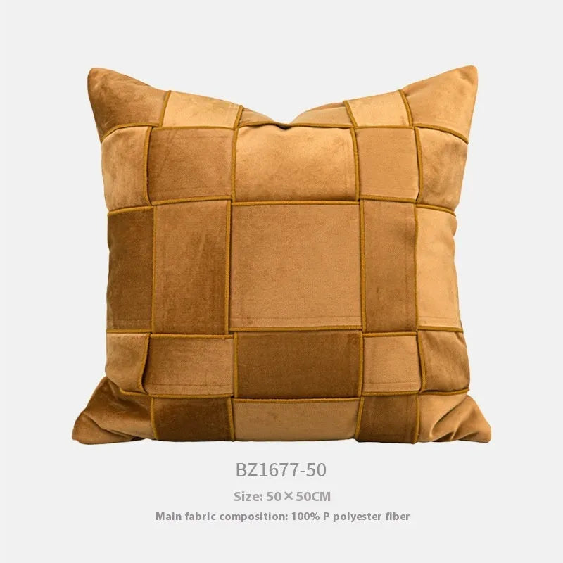 Chenille woven square cushion in beige, black, orange, or other colours, 50x50cm with feather velvet filler