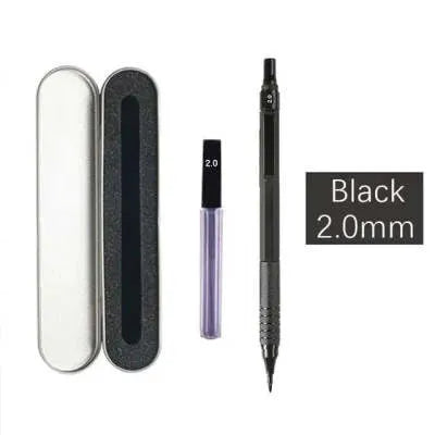 Metal automatic mechanical pencil shown with selection of compatible lead sizes including 0.5mm and 2.0mm.