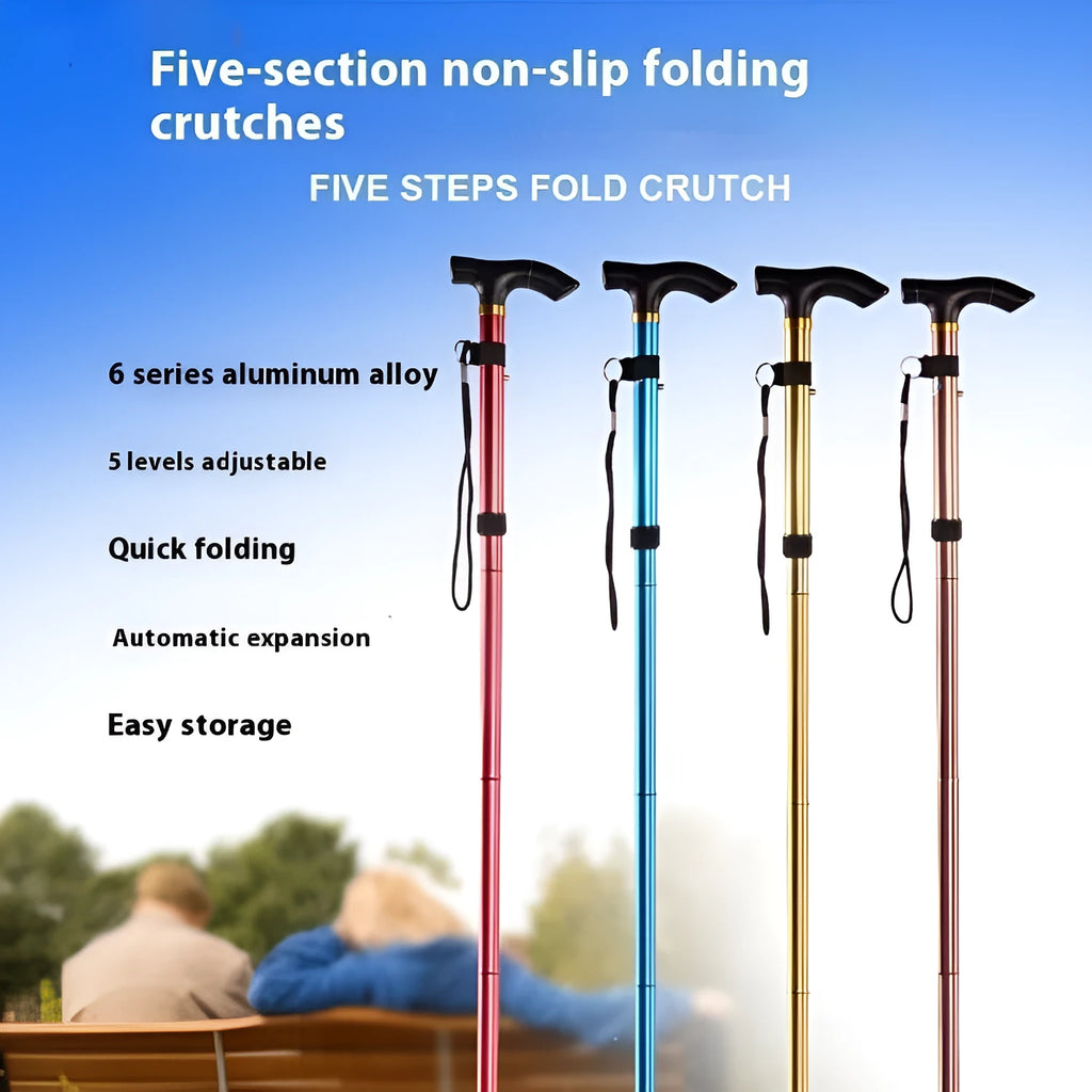 Aluminium folding walking cane extended to show adjustable length with non-slip handle