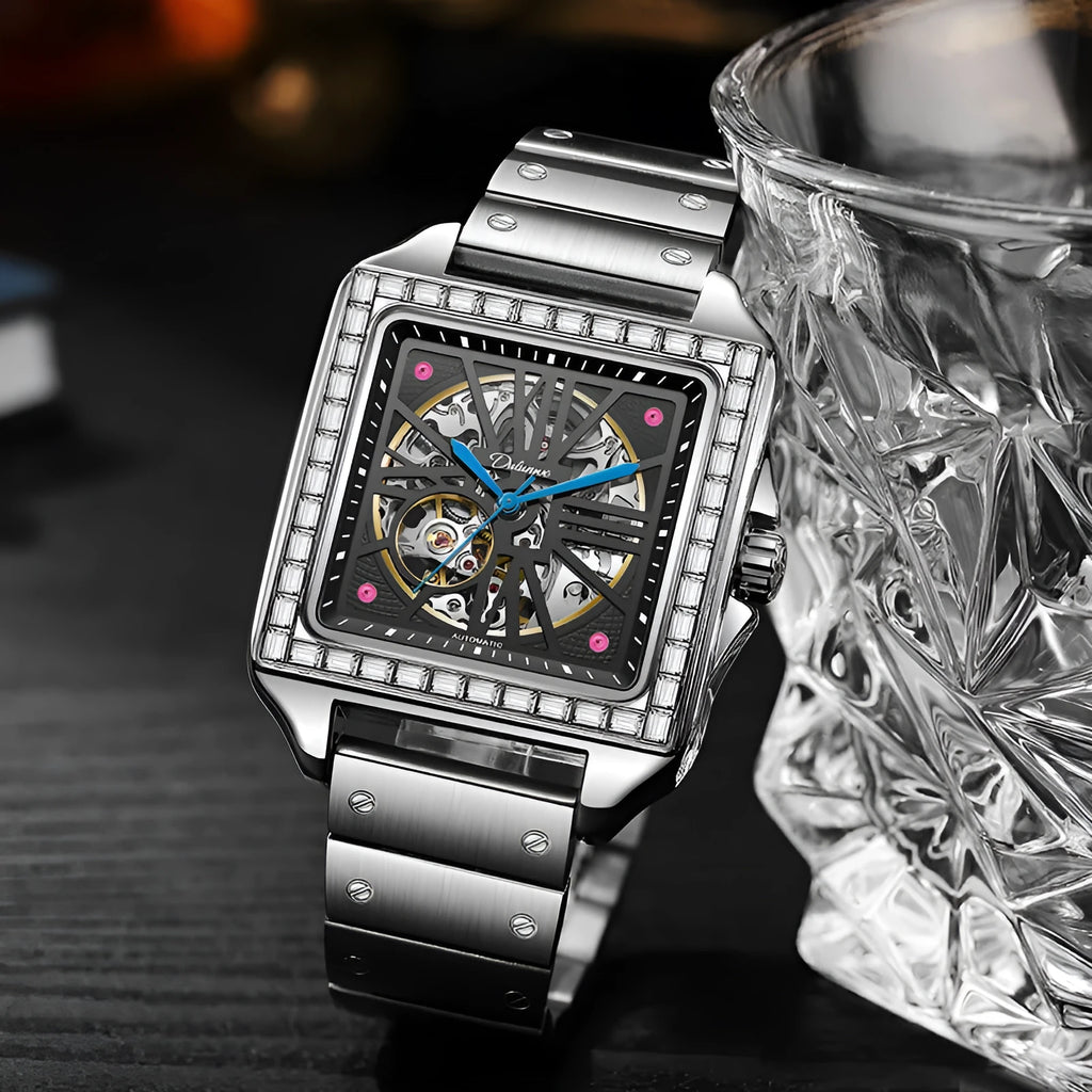 Men's square automatic watch with diamond accents and steel belt in black and white colour options