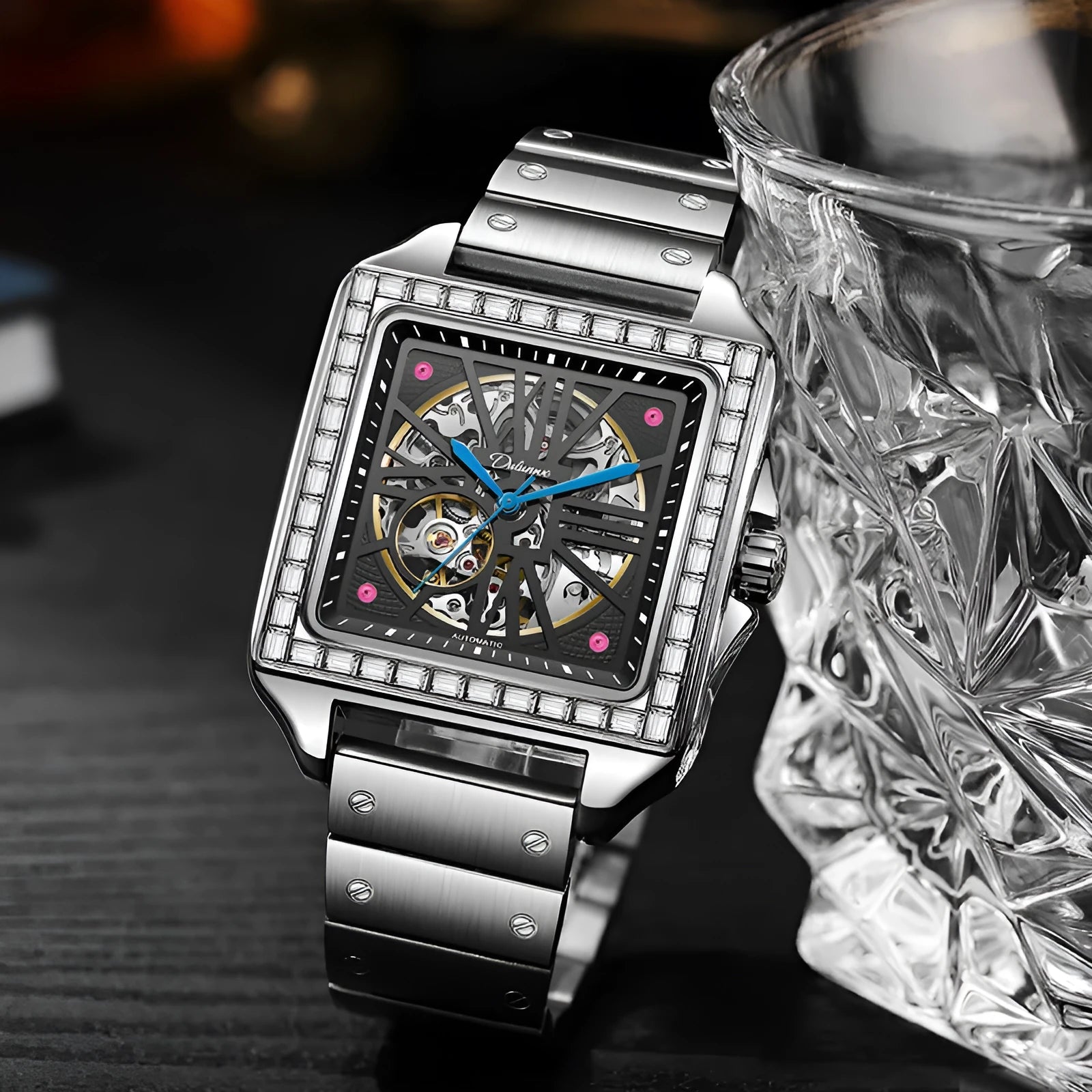 Men's square automatic watch with diamond accents and steel belt in black and white colour options