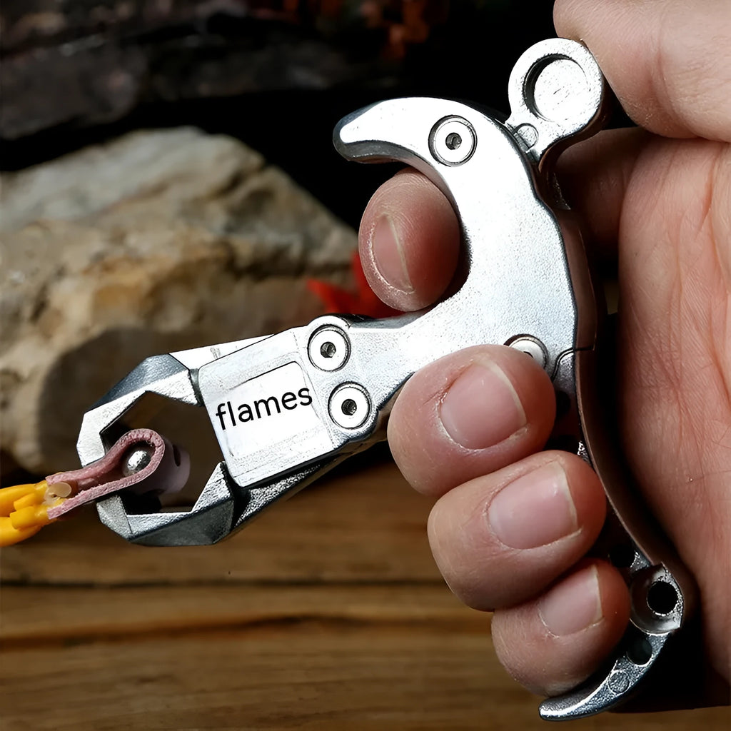 Zinc alloy archery release aid with a two-axis harpoon clip on a white background.