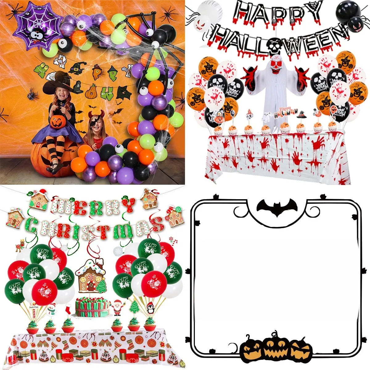 Halloween balloon combo set showing spider arch with black and white pumpkin and skull balloons