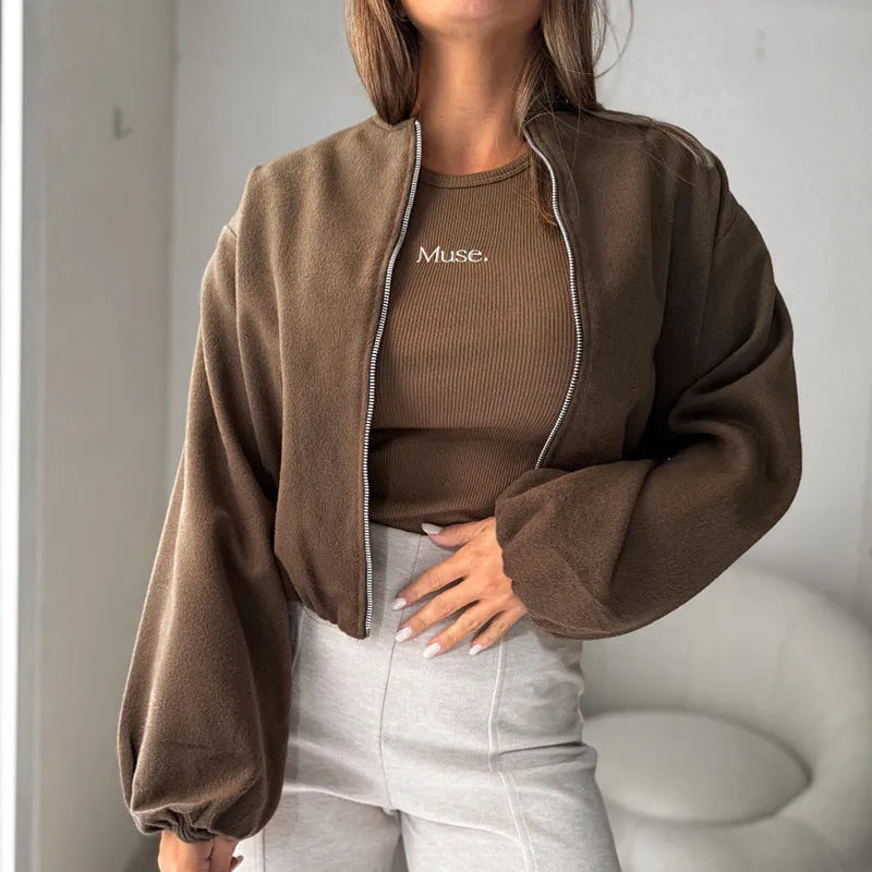 Women's off-shoulder short coat with lantern sleeves in polyester fabric, brown colour