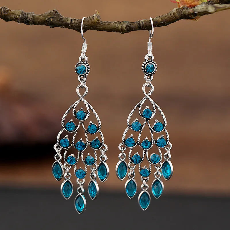 Long purple fringe drop earrings with retro crystal ethnic style design and alloy construction