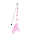 Set of four colourful cat teaser toy rods with feathers, pompons and bells.
