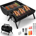 Small folding desktop charcoal barbecue grill with grate in a closed or open position