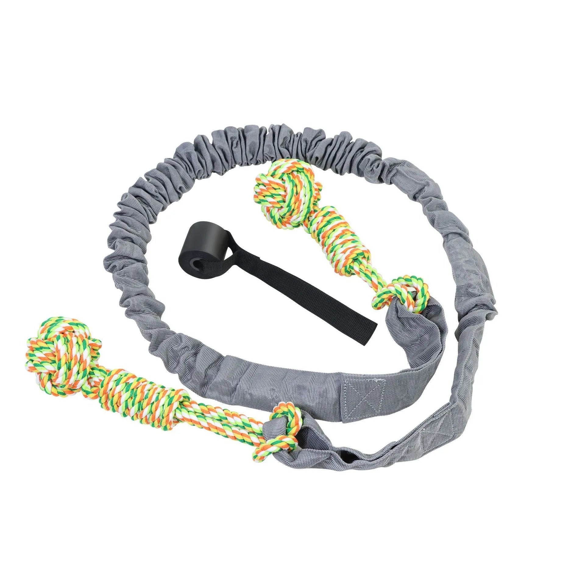 Cotton thread dog tug of war rope toy in black, grey, or red colours for chewing and interactive play