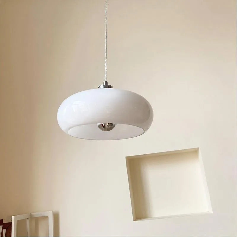 Bauhaus pendant light with three milk white egg tart glass shades for ceiling mounting