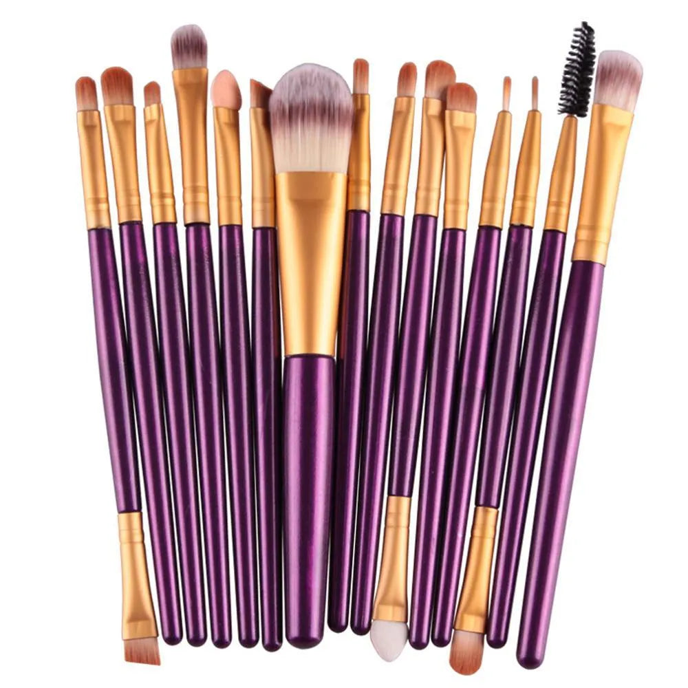MAANGE 18 piece makeup brush set with fan-shaped cosmetic tools on a table.