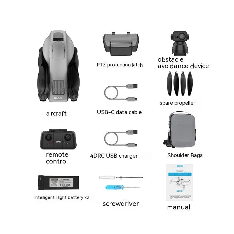 White brushless folding quadcopter drone with obstacle avoidance sensors and 4K camera shown in shoulder bag
