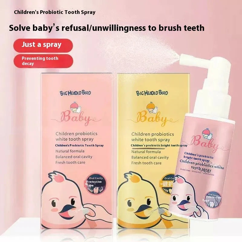 Children's probiotic white teeth cleaning spray in strawberry and orange flavours, 40ml bottle