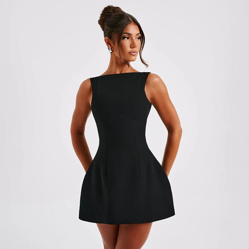 Women's black backless slim-fit summer dress with sleeveless sling straps and high waist.