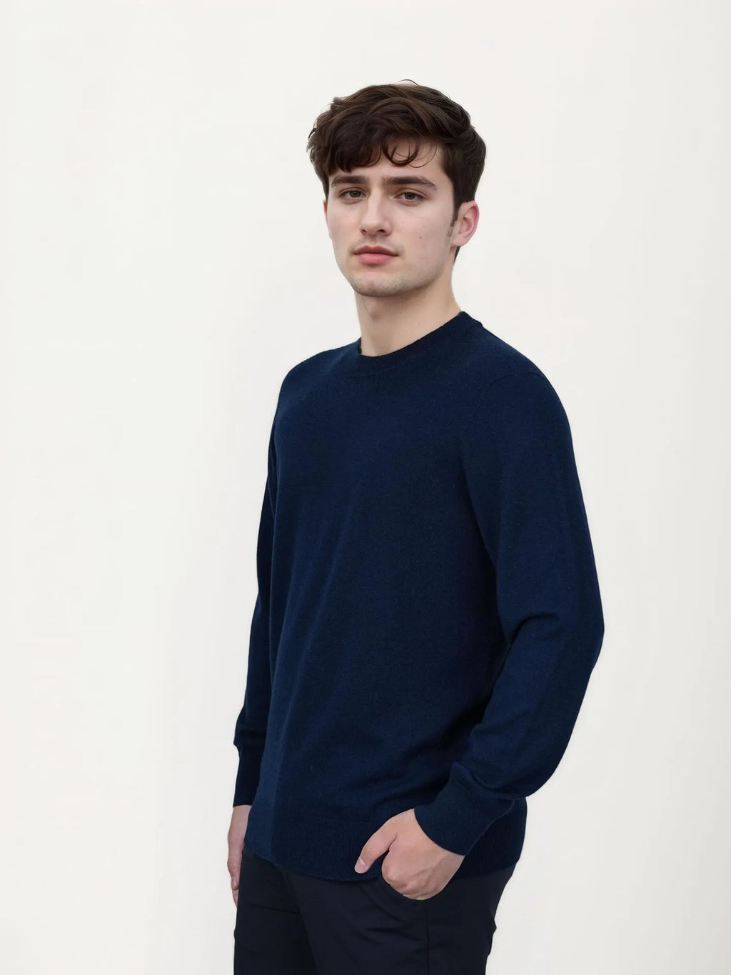 Men's regular fit wool pullover sweater in light camel colour, showing long sleeves and classic knit texture.