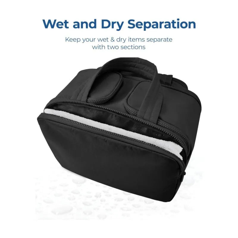 Large lightweight travel toiletry bag in black with wide opening, showing fluffy polyester material.