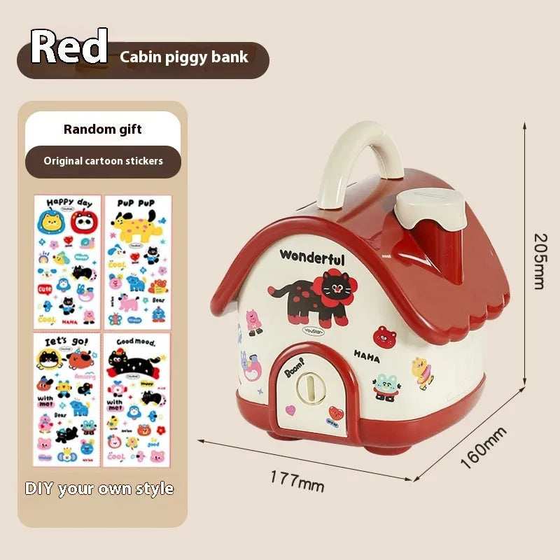 Red and brown cartoon-style desktop storage organiser with grid pattern and sticker set for labelling.