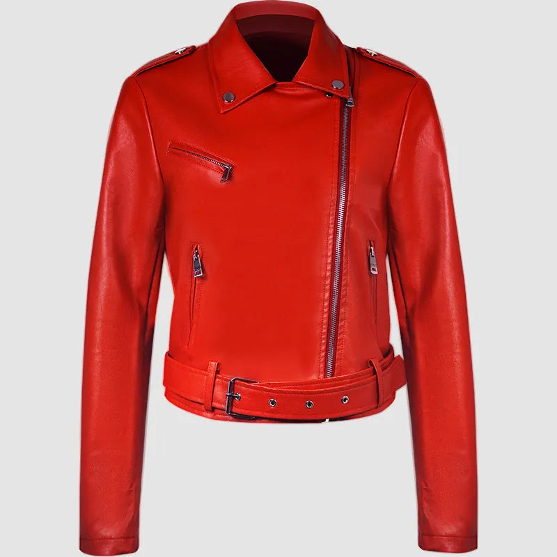 Women's black PU leather jacket with lapel short belt in street fashion style