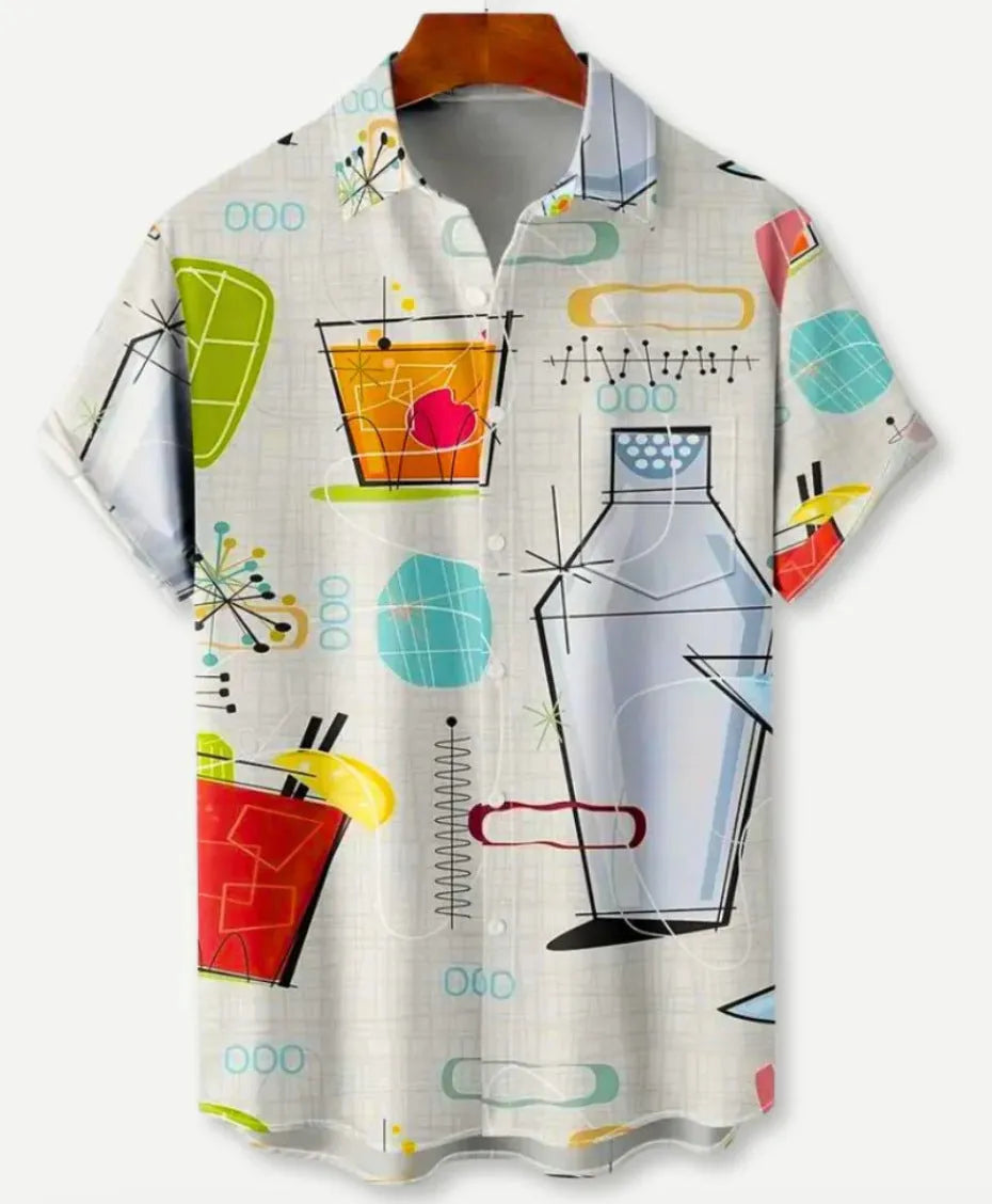 Hawaiian print short sleeve shirt with lapel collar showing floral digital printing on elastic polyester fabric