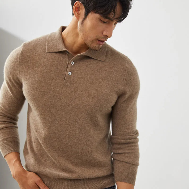 Man wearing a sapphire blue cashmere pullover sweater with a polo collar