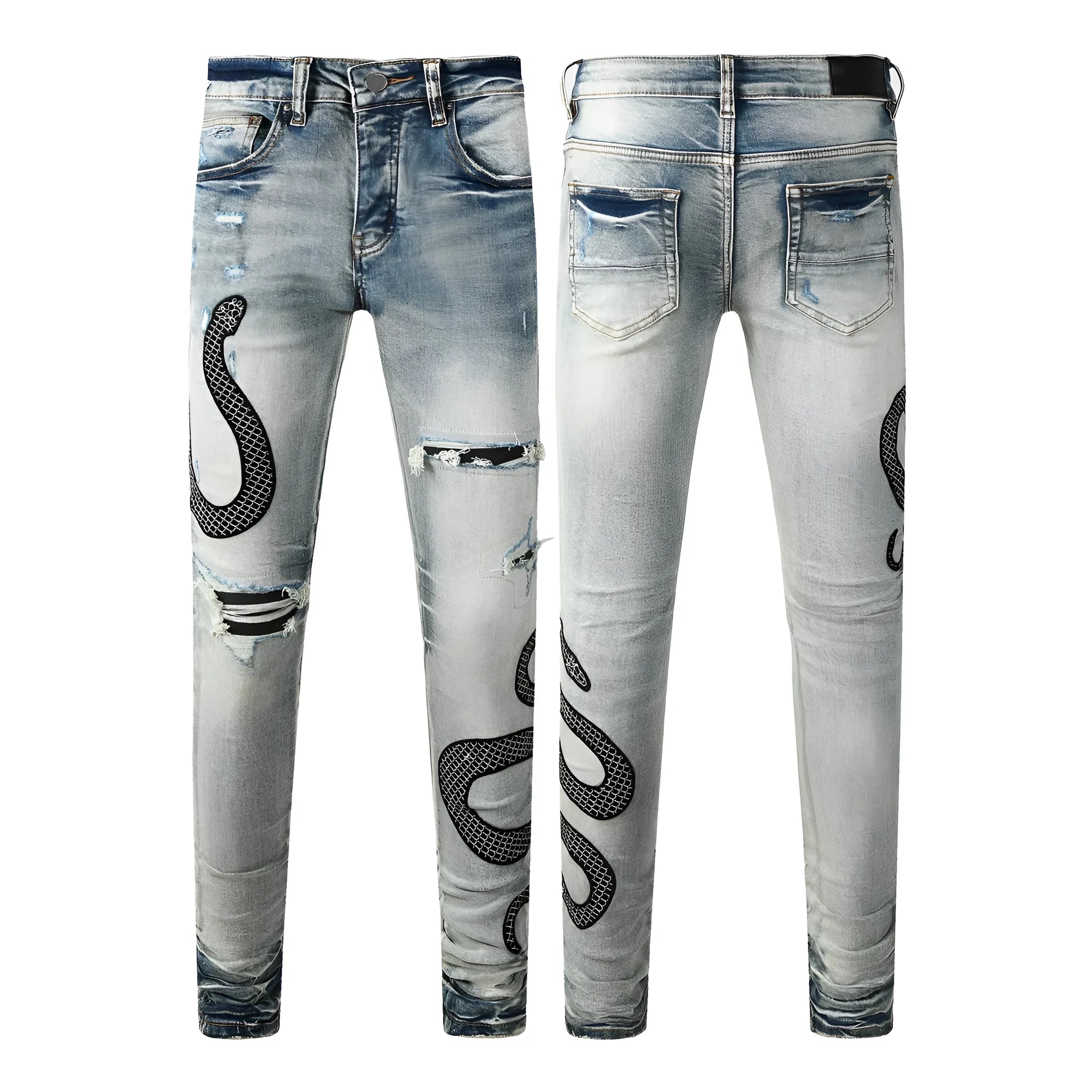 Men's blue distressed skinny jeans with a retro wash, showing a tight leg fit and button fly detail.