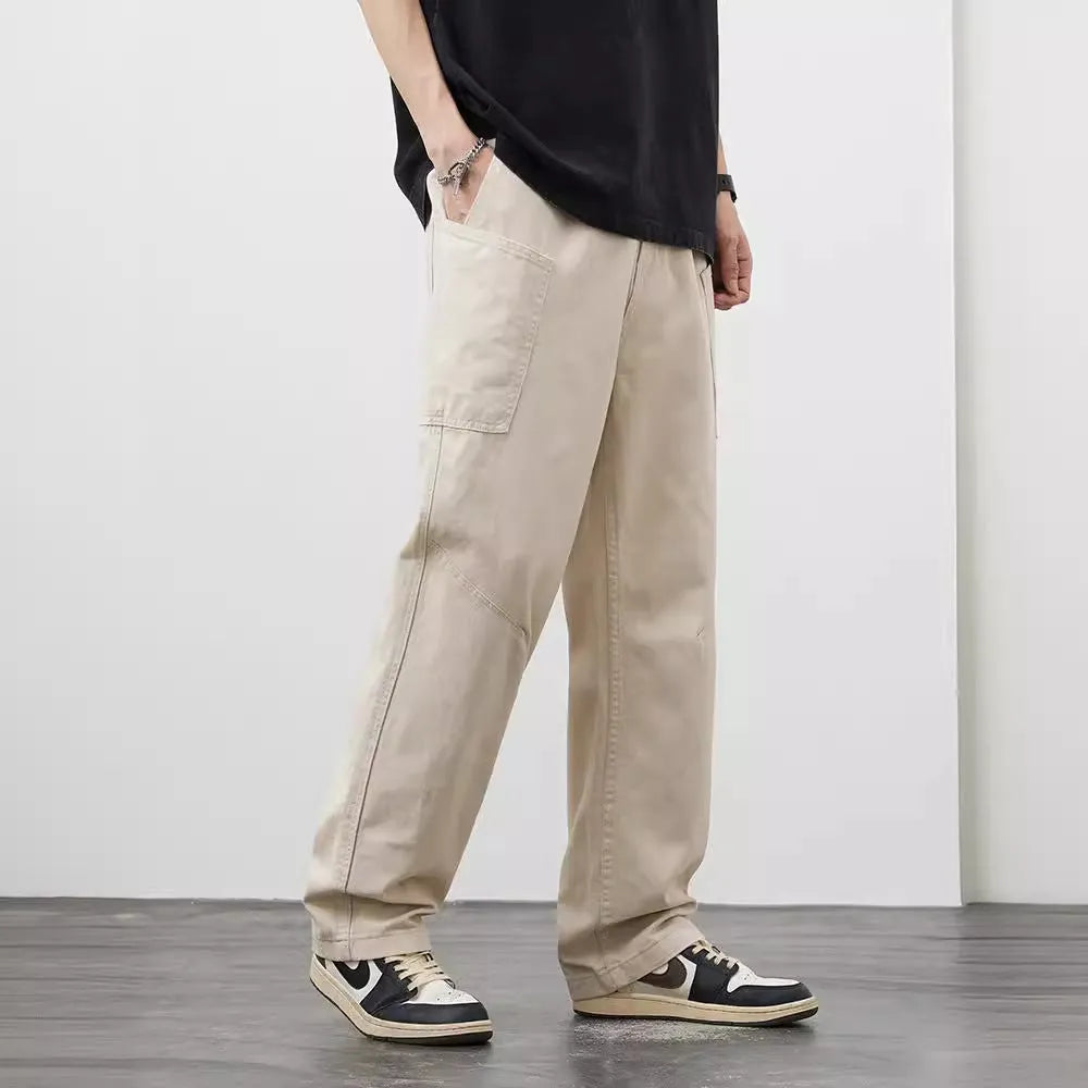Loose-fit cotton cargo trousers in apricot with large side pockets