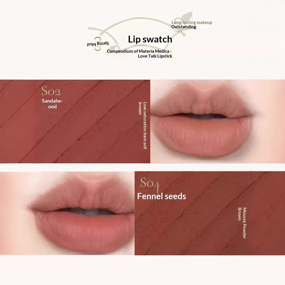 Matte natural brown lipstick in nude earth tone shade with long-lasting formula on a white background
