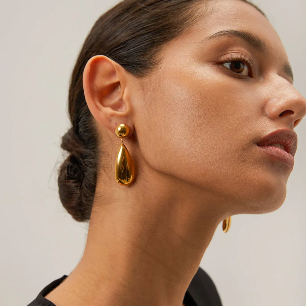 Gold tone stainless steel hemisphere water drop pendant earrings geometric design