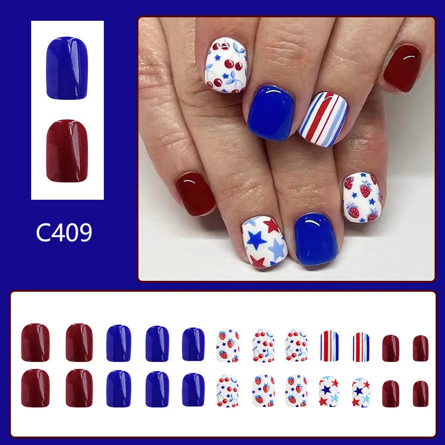 Glossy red and blue strawberry cherry pattern artificial nail stickers for Independence Day