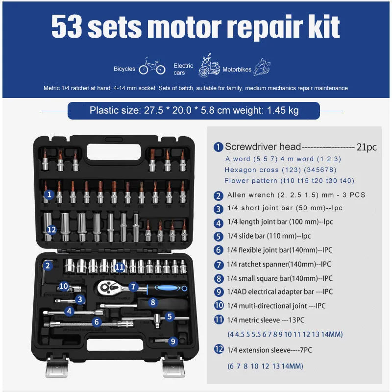 Chrome vanadium steel socket ratchet wrench set in a storage box for home and auto repair.