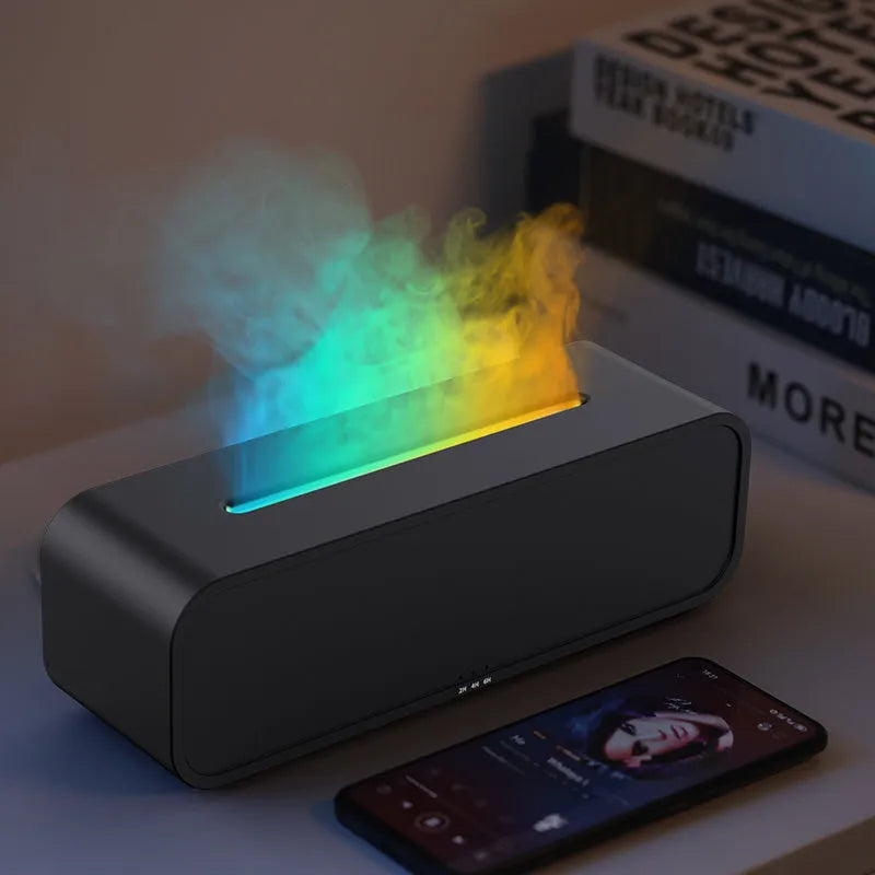 Black or white flame dynamic essential oil diffuser with remote control and colour-changing lights.