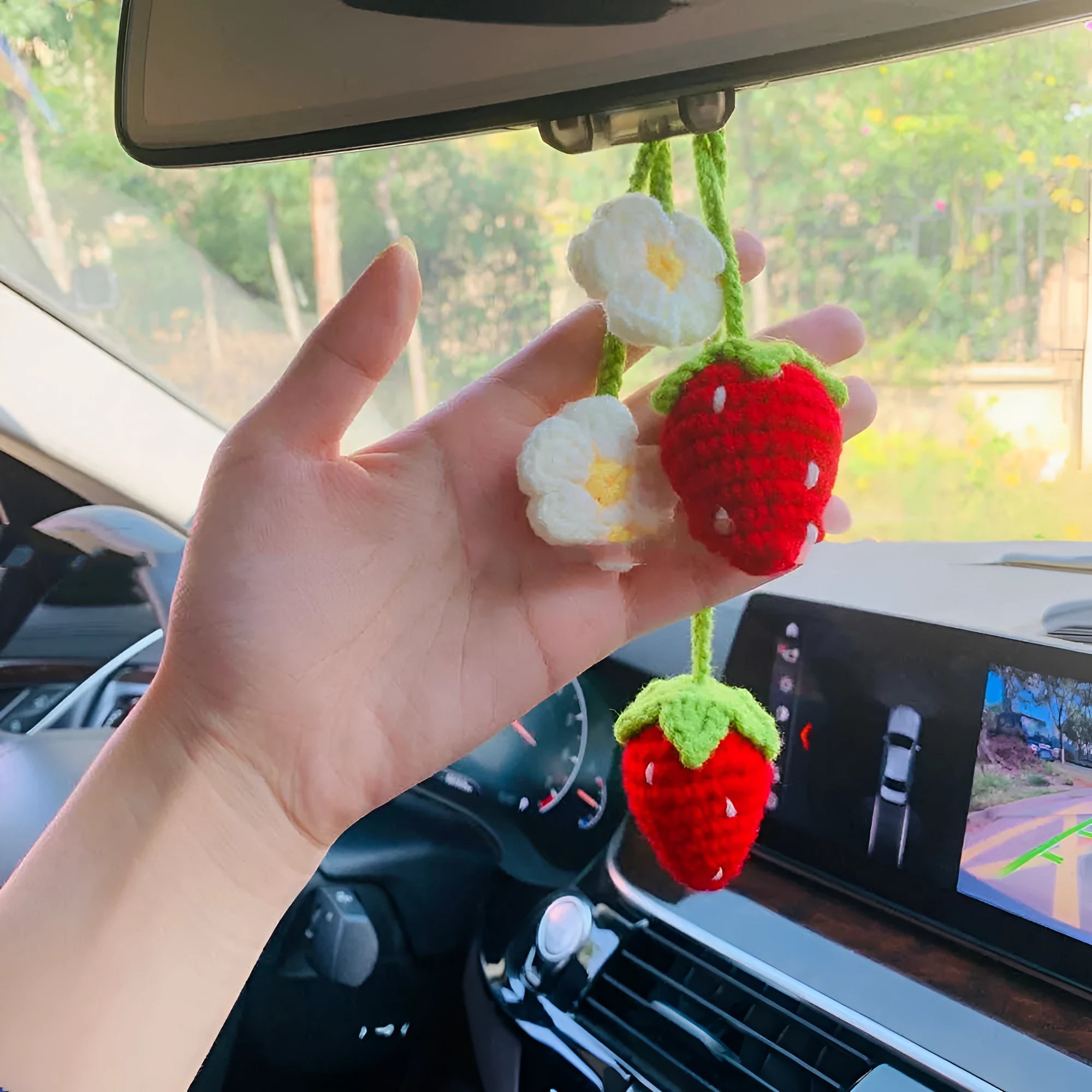 Handmade strawberry-shaped car pendant woven from cotton and hemp using knitting wool techniques