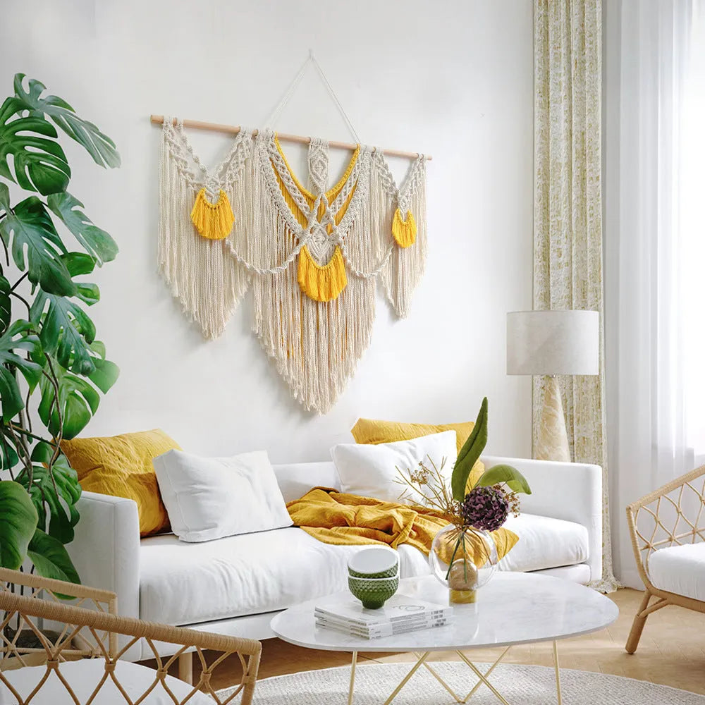 Nordic style creamy white cotton tapestry with hand-woven texture, rectangular shape 120x95cm