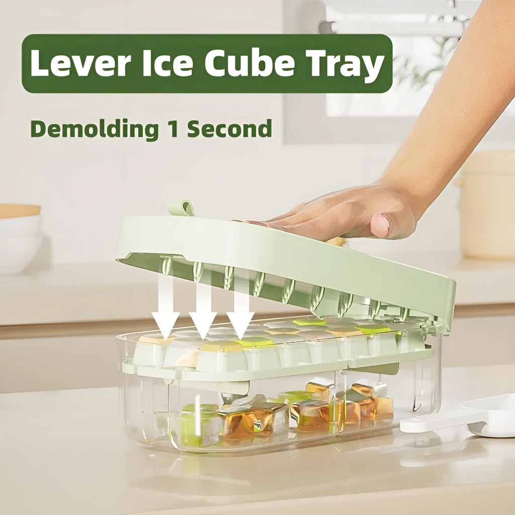 High-capacity plastic ice cube tray with ice shovel in blue, green, purple, or yellow colour options.