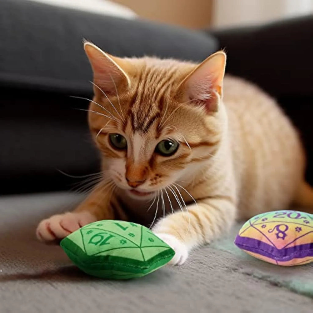 Dice-shaped plush catnip toy in various colours for DND tabletop game cat play