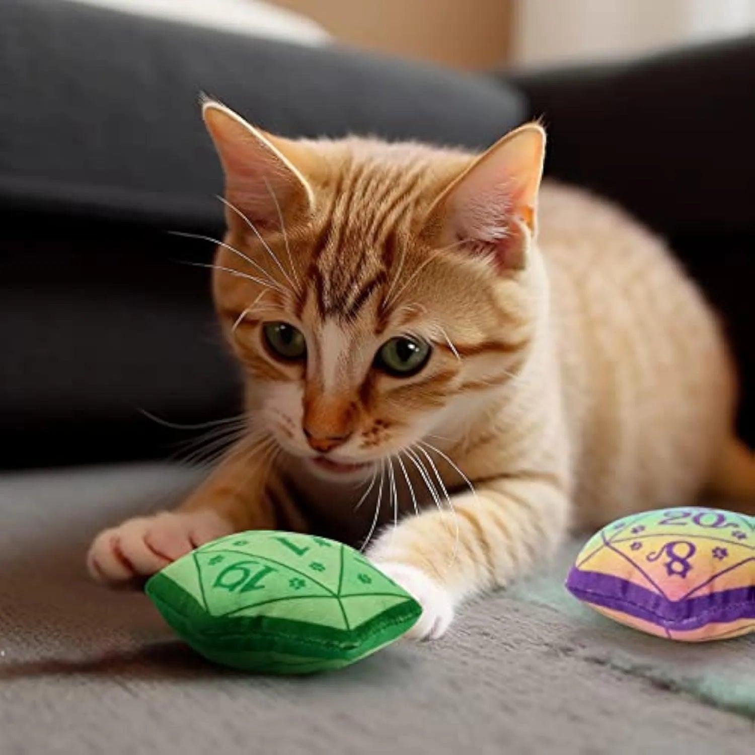 Dice-shaped plush catnip toy in various colours for DND tabletop game cat play