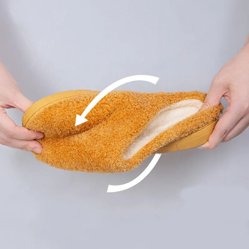 Furry suede thickened non-slip bedroom slippers in caramel colour on tiled floor