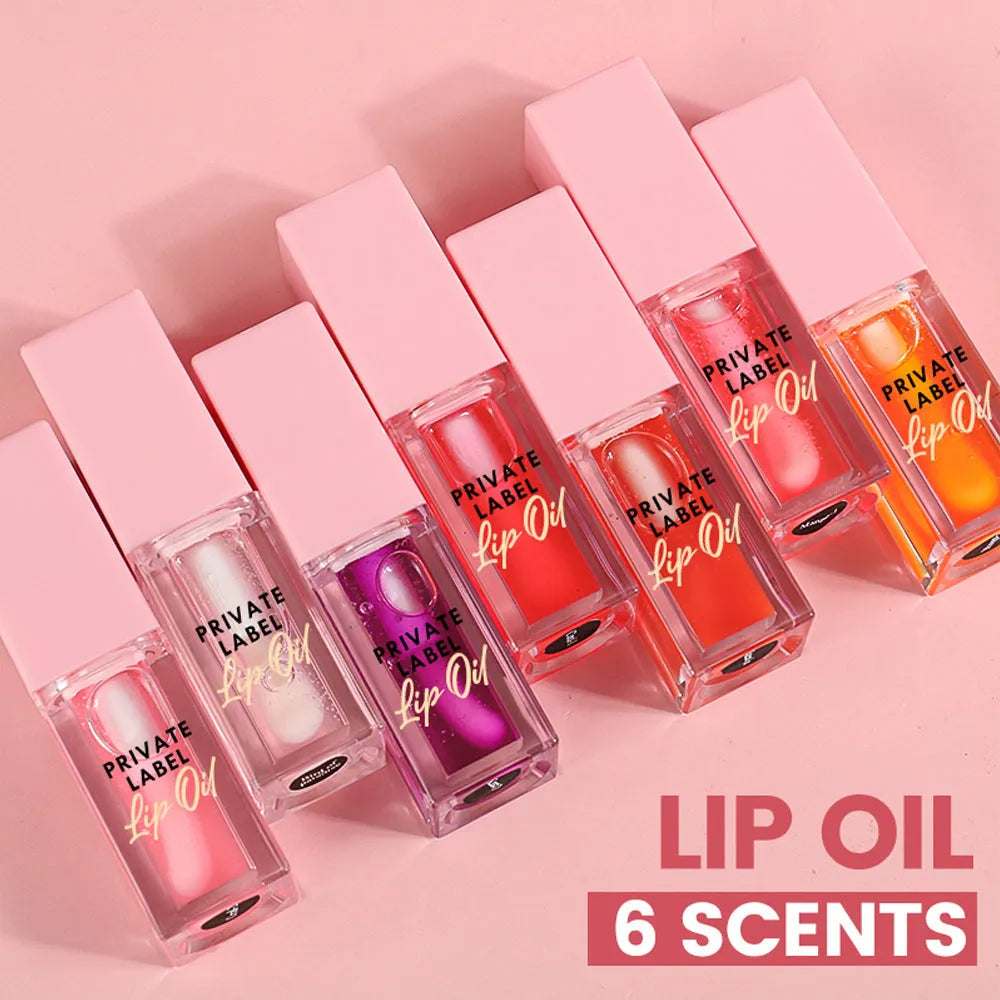 Women's transparent lip gloss tube in six fruit flavours with natural glossy finish