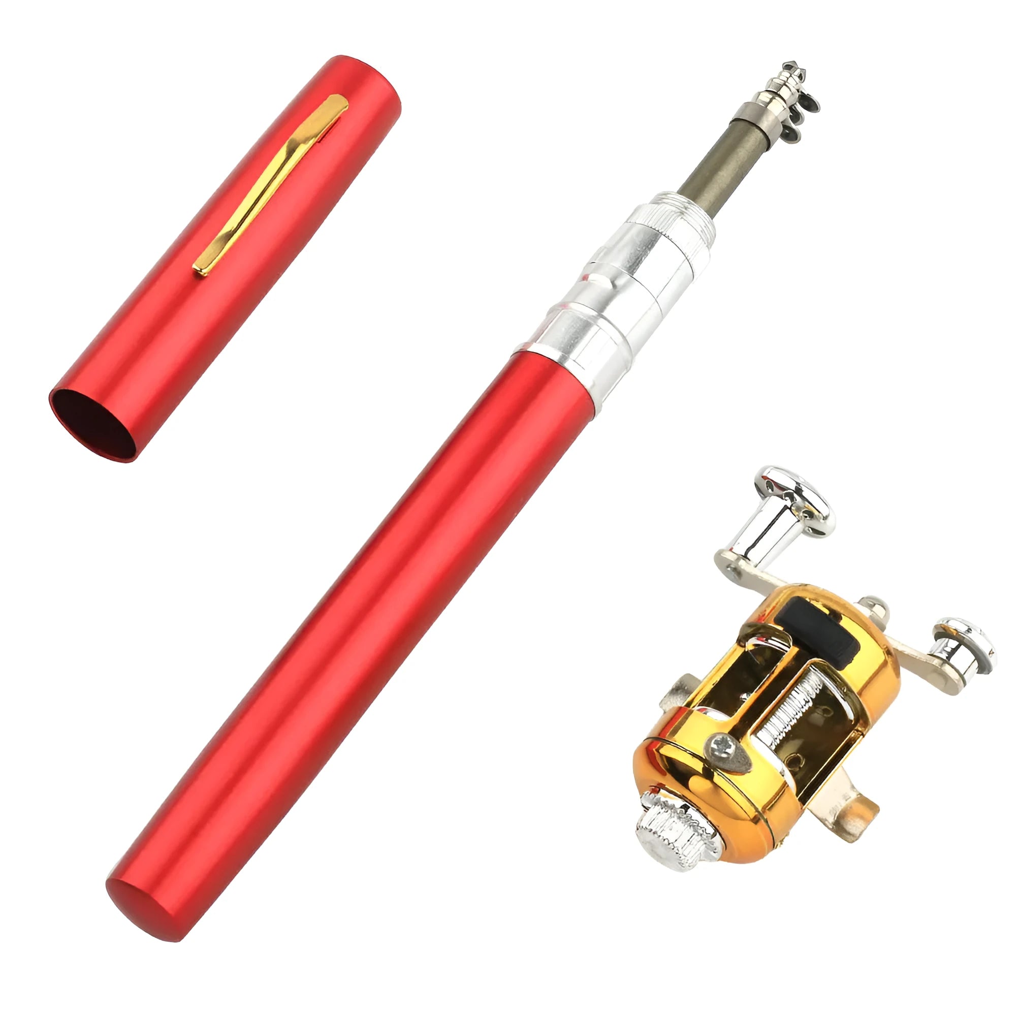 Portable telescopic pen fishing rod kit in aluminium case with ST5RL reel, extended to 1 metre.