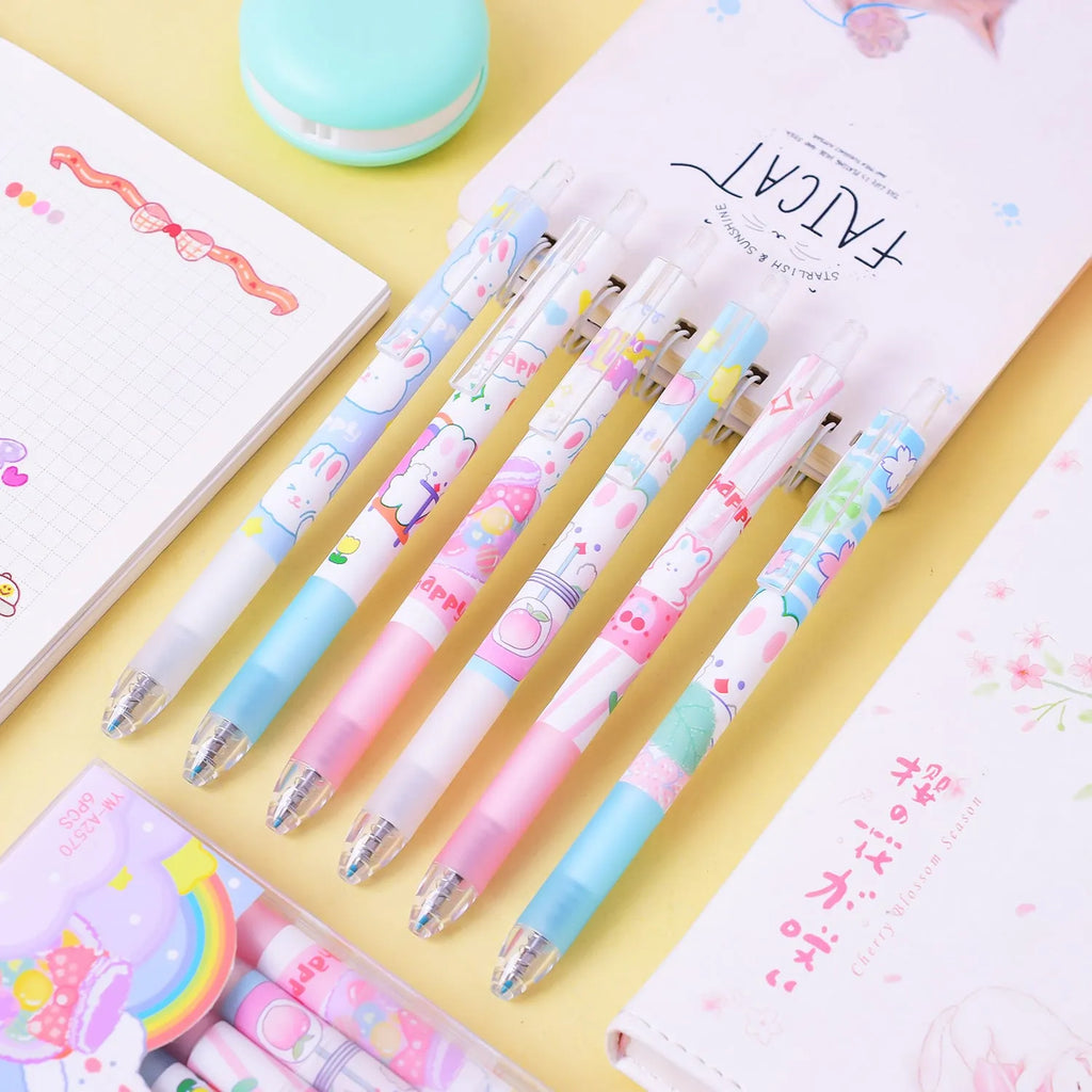Six black cartoon bunny design ballpoint pens with 0.5mm tips arranged together
