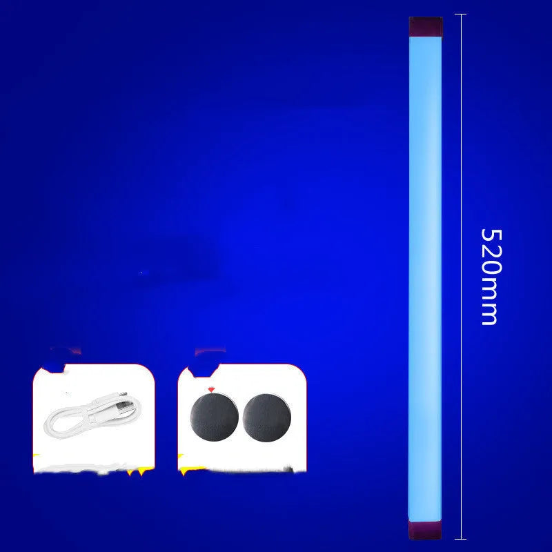 Blue and purple rechargeable LED tube night light with USB cable and dimmable switch.